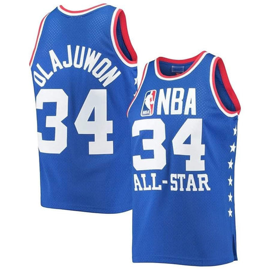 Sports Jersey Direct Hakeem Olajuwon 1985 All-Star West blue basketball jersey with number 34 and star side details