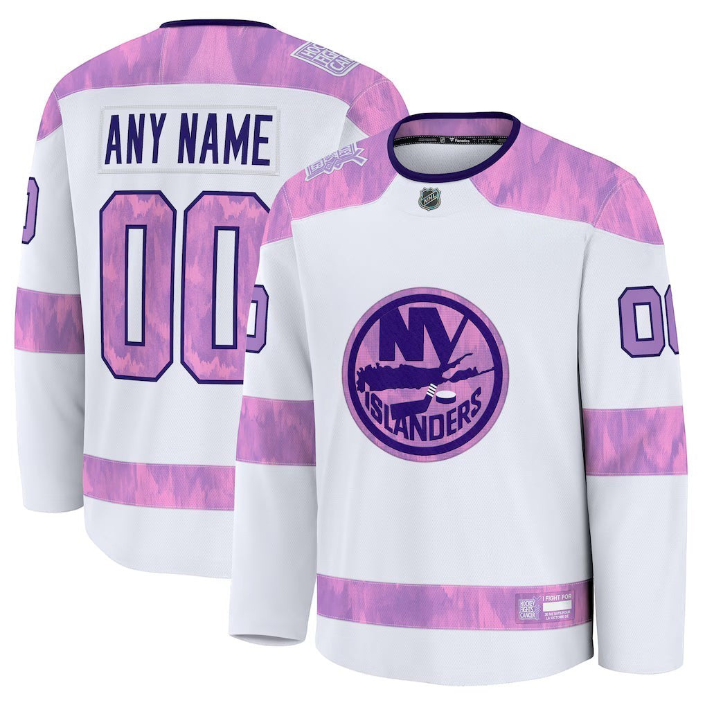 Sports Jersey Direct New York Islanders 2026 Hockey Fights Cancer custom white practice jersey with purple accents