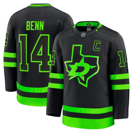 Sports Jersey Direct Jamie Benn Dallas Stars alternate premium jersey in black with neon green accents and team logo