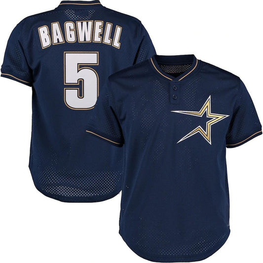 Sports Jersey Direct Jeff Bagwell Houston Astros 5 navy blue button-up baseball jersey with white and gold details.