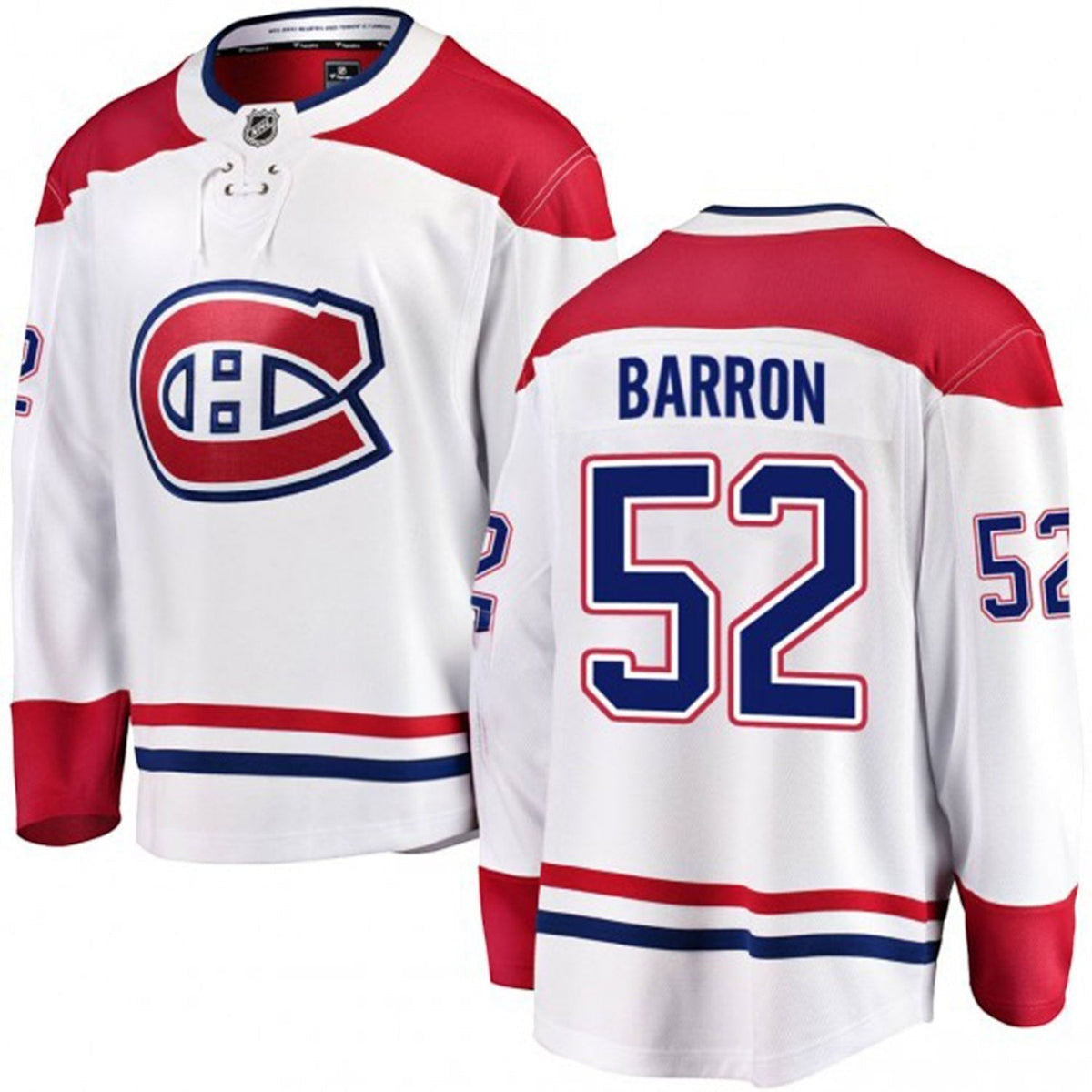 Sports Jersey Direct Justin Barron Montreal Canadiens white hockey jersey with number 52 and team logo