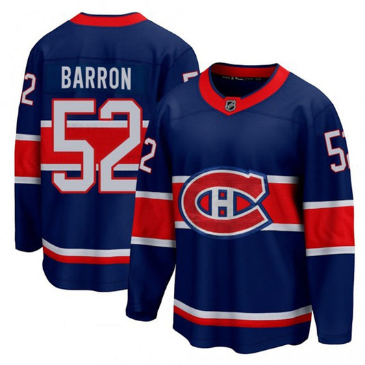 Sports Jersey Direct Justin Barron Montreal Canadiens number 52 hockey jersey in blue, red, and white