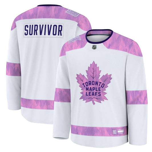 Sports Jersey Direct Toronto Maple Leafs Hockey Fights Cancer white practice jersey with purple leaf and survivor text