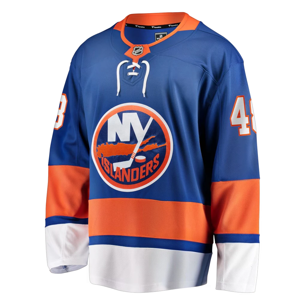 Sports Jersey Direct Matthew Schaefer New York Islanders royal blue home hockey jersey with team logo and lace-up neck