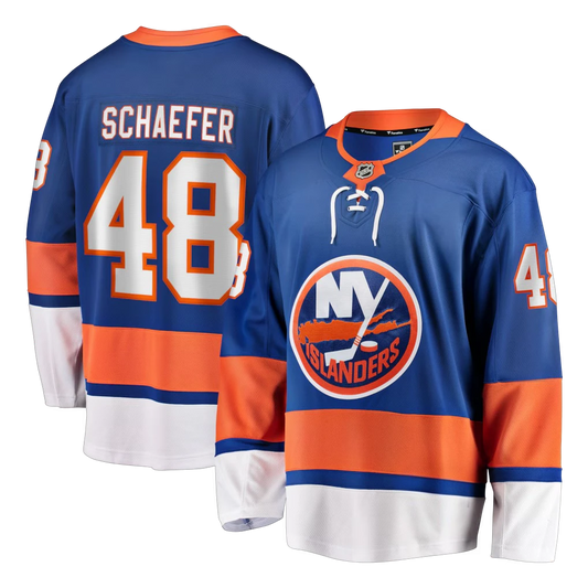 Sports Jersey Direct Matthew Schaefer New York Islanders royal blue home hockey jersey with team logo and player name