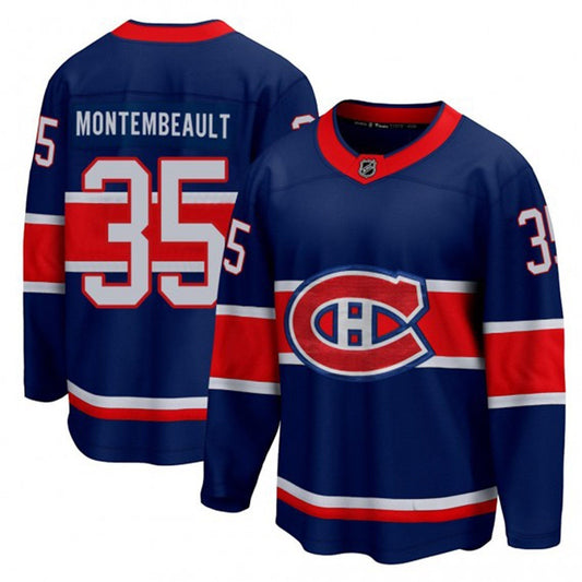 Sports Jersey Direct Montreal Canadiens Sam Montembeault hockey jersey in blue, red, and white with number 35