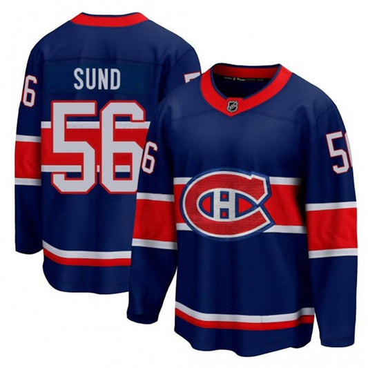 Sports Jersey Direct Tony Sund Montreal Canadiens 56 hockey jersey in blue, red, and white with team logo and name.