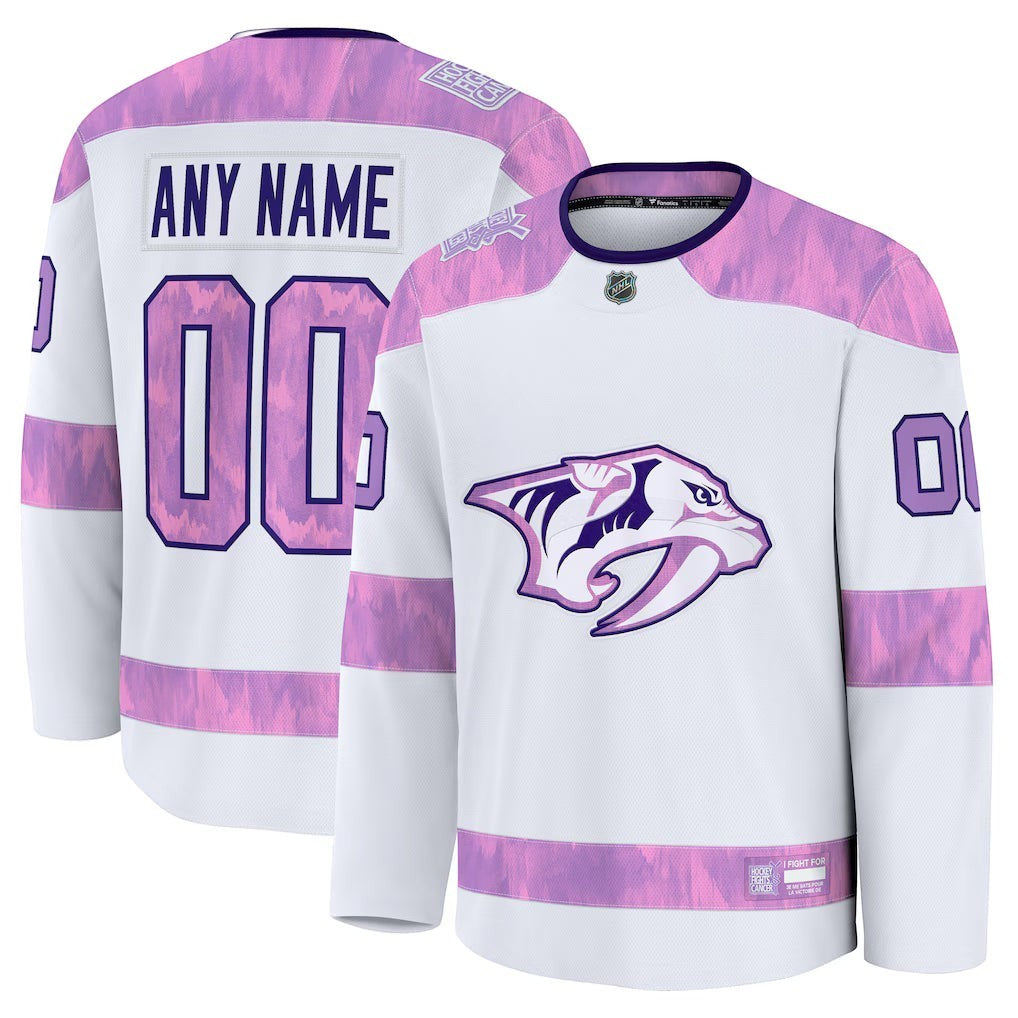 Sports Jersey Direct Nashville Predators 2026 Hockey Fights Cancer custom white practice jersey with purple accents