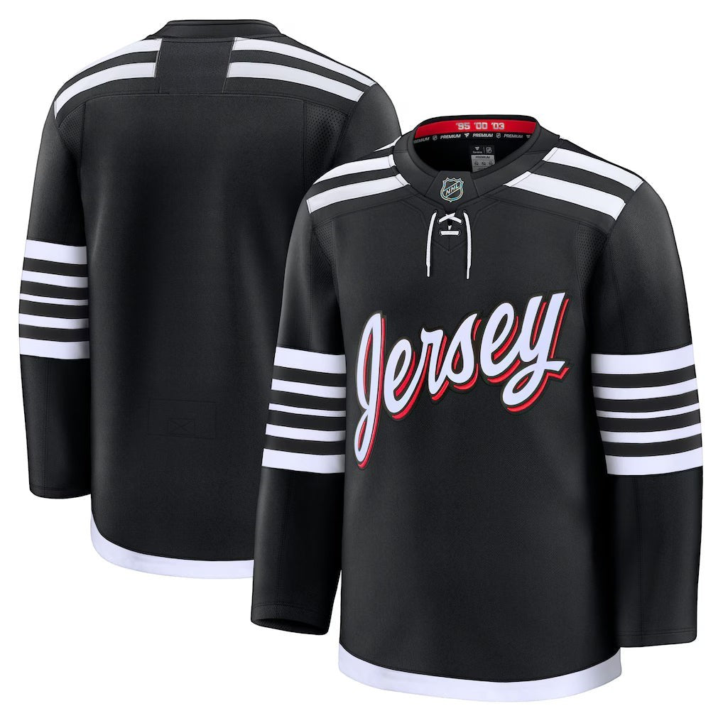 Sports Jersey Direct New Jersey Devils black alternate premium hockey jersey with white stripes and script lettering