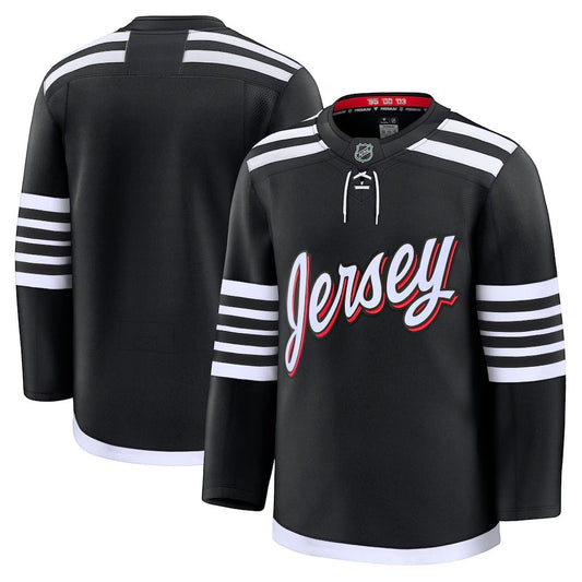 Sports Jersey Direct New Jersey Devils black alternate premium hockey jersey with white stripes and script lettering