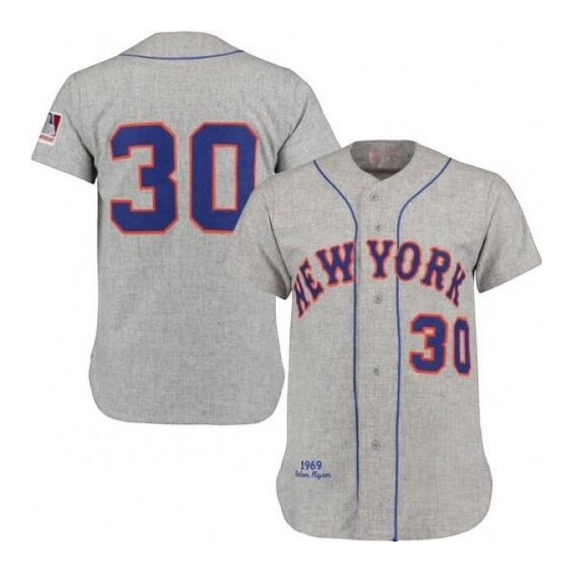 Sports Jersey Direct Nolan Ryan New York Mets 30 grey baseball jersey with blue and orange lettering and team patches.