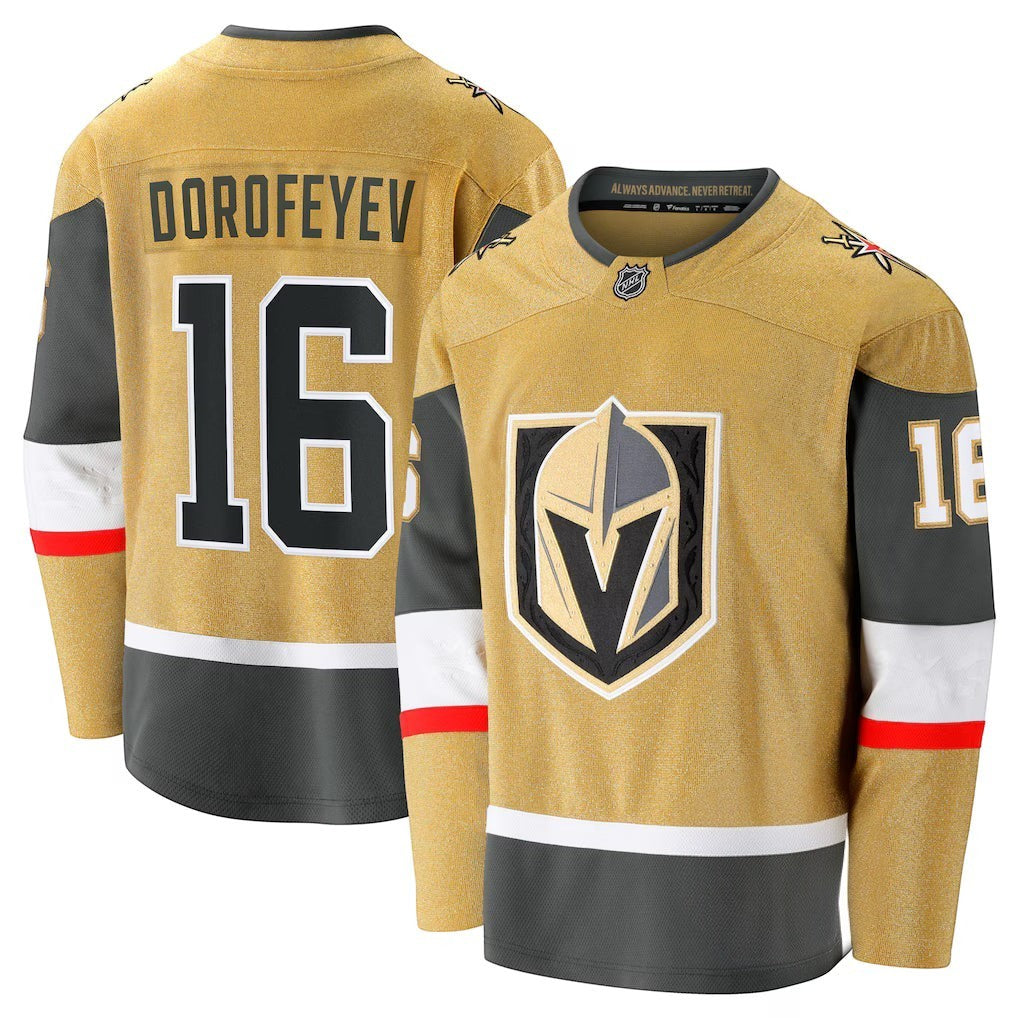 Sports Jersey Direct gold Pavel Dorofeyev Vegas Golden Knights hockey jersey with team logo and player name and number