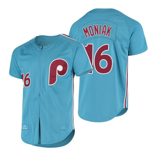 Sports Jersey Direct Philadelphia Phillies Mickey Moniak 16 light blue baseball jersey with red and white accents