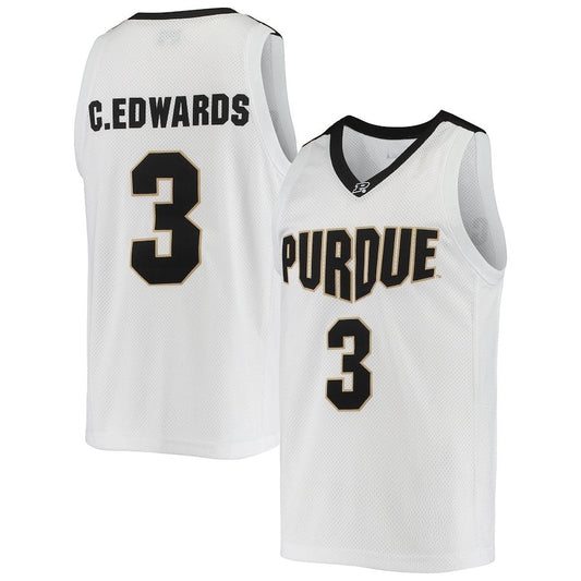 Sports Jersey Direct white Purdue Boilermakers basketball jersey with black trim, number 3, and C. Edwards lettering.