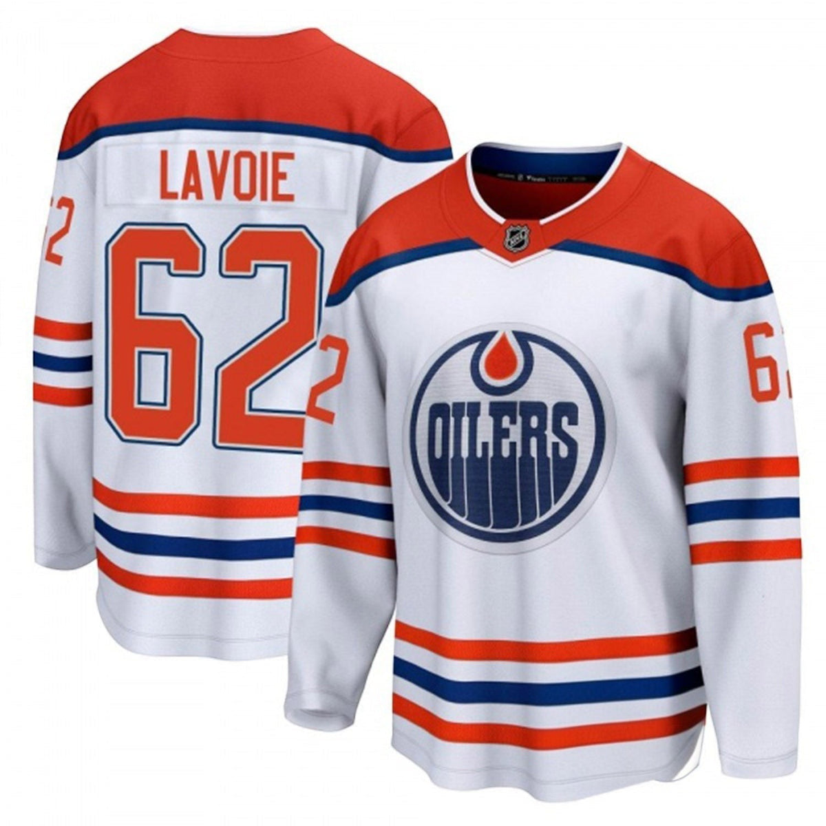 Sports Jersey Direct Raphael Lavoie Edmonton Oilers 62 white hockey jersey with blue and orange team accents