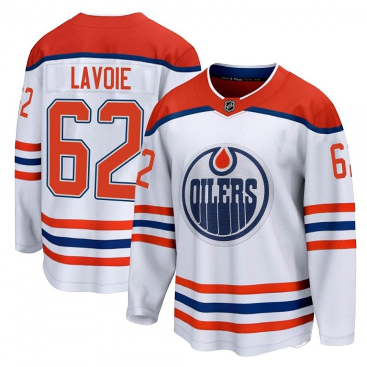Sports Jersey Direct Raphael Lavoie Edmonton Oilers 62 white hockey jersey with orange and blue team details.