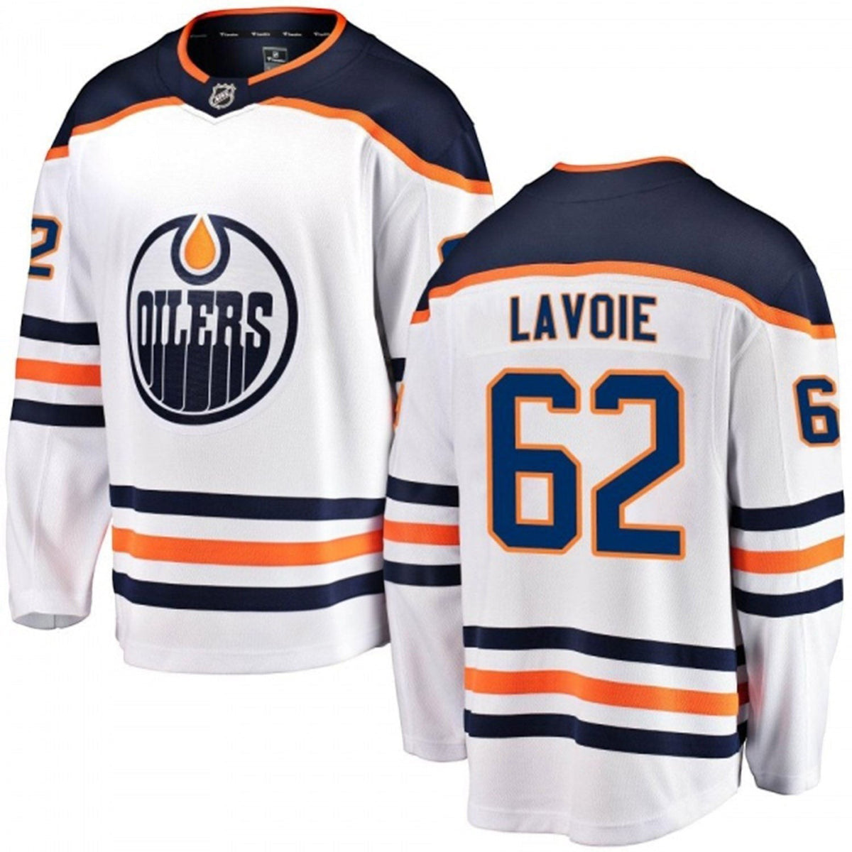 Sports Jersey Direct Raphael Lavoie Edmonton Oilers 62 white hockey jersey with navy and orange team accents