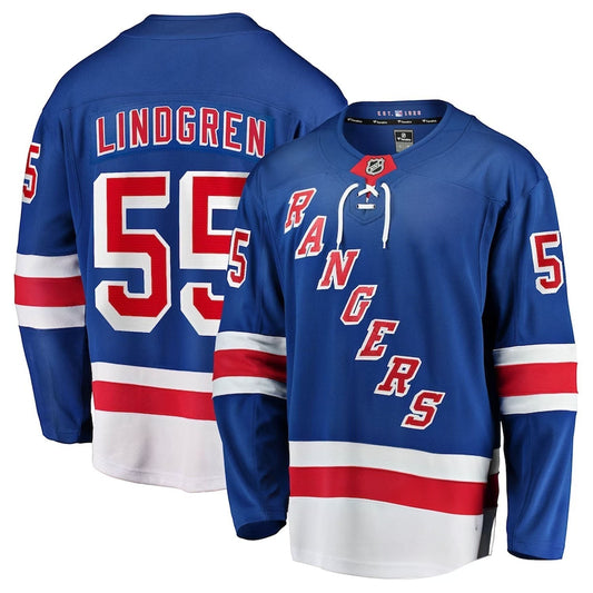 Sports Jersey Direct Ryan Lindgren New York Rangers blue hockey jersey with number 55 and team logo