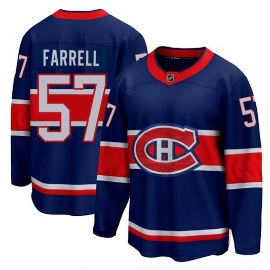 Sports Jersey Direct Sean Farrell Montreal Canadiens 57 hockey jersey in blue, red, and white with team logo.