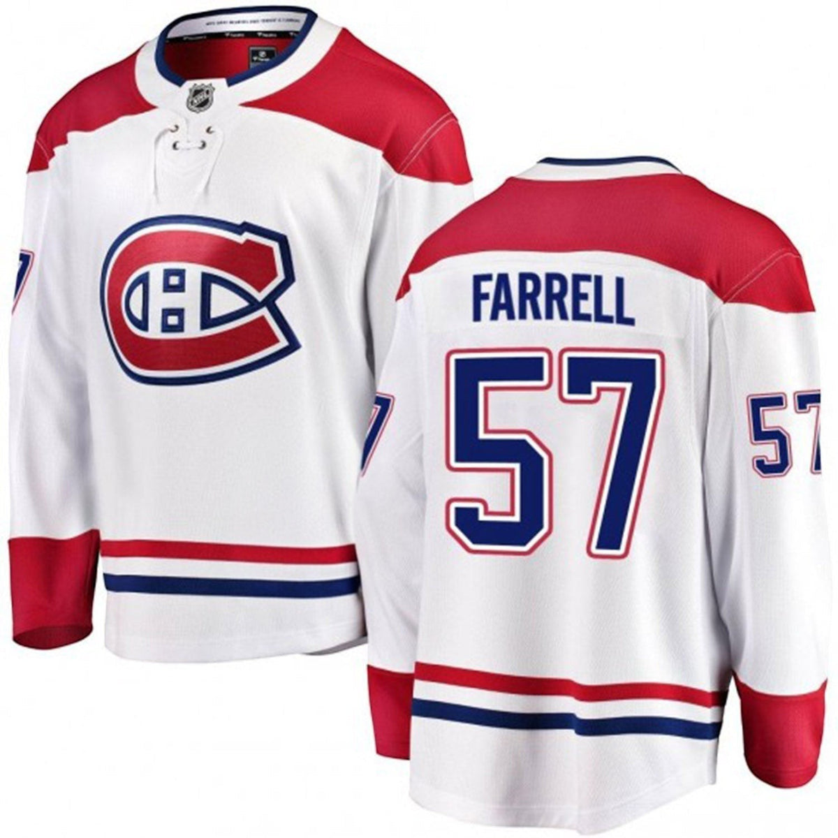 Sports Jersey Direct Sean Farrell Montreal Canadiens 57 white hockey jersey with red and blue team details