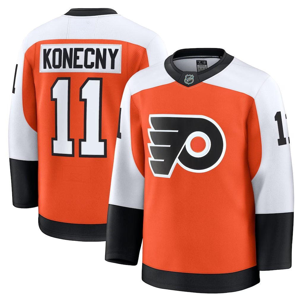 Sports Jersey Direct Travis Konecny Philadelphia Flyers home premium jersey in burnt orange with name and number 11