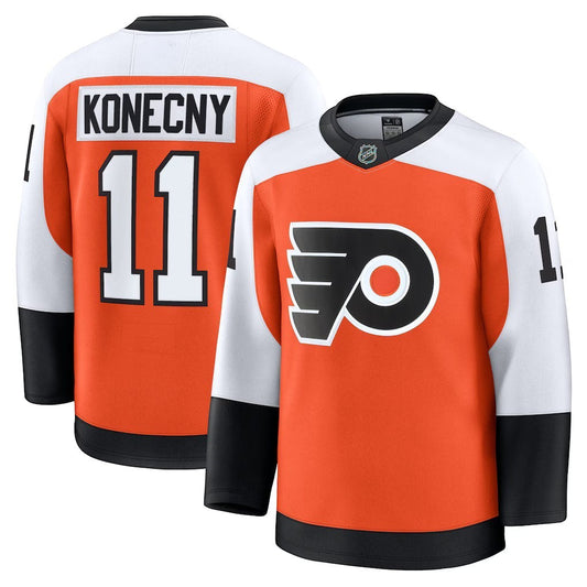 Sports Jersey Direct Travis Konecny Philadelphia Flyers home premium jersey in burnt orange with name and number 11