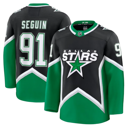Sports Jersey Direct Tyler Seguin Dallas Stars black and green alternate premium hockey jersey, front and back view.
