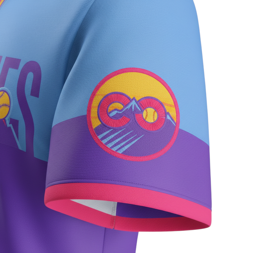 Sports Jersey Direct Colorado Rockies purple and light blue City Connect limited jersey with mountain graphic.