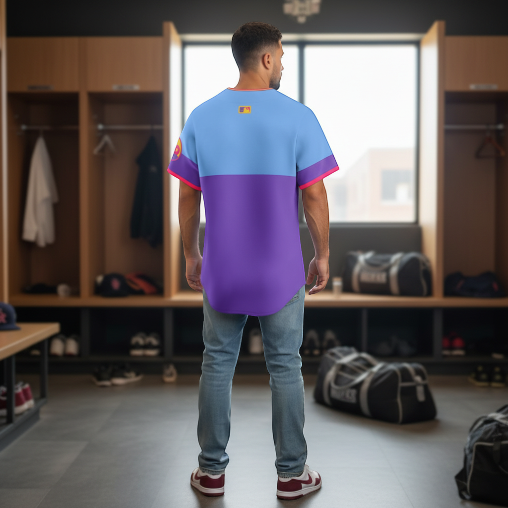 Sports Jersey Direct Colorado Rockies 2025-26 City Connect Limited Jersey in purple and light blue with pink trim.