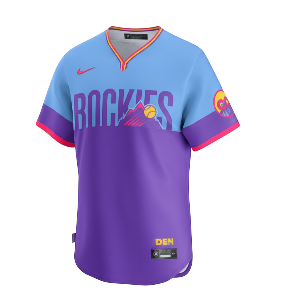 Sports Jersey Direct Colorado Rockies 2025-26 City Connect Limited Jersey in purple and light blue with pink trim.