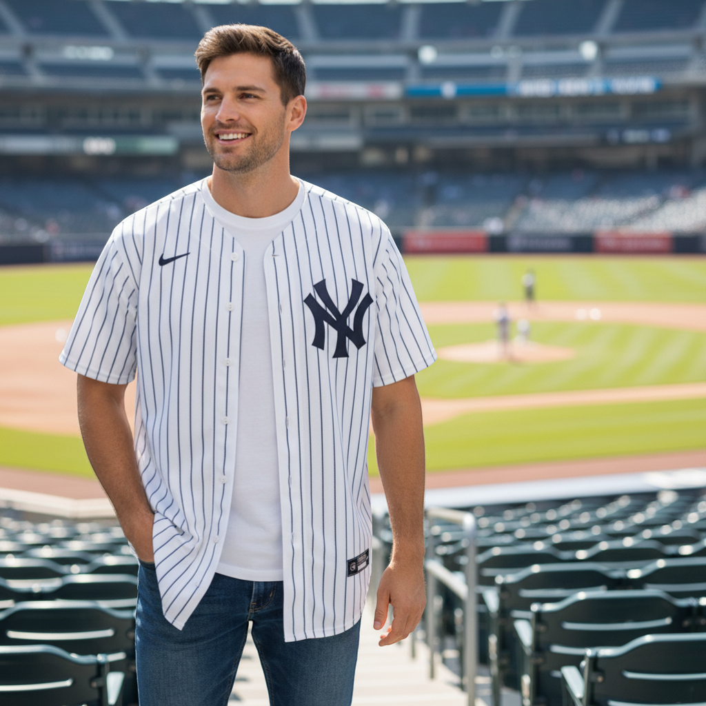 Sports Jersey Direct Aaron Judge #99 New York Yankees baseball jersey. White with navy pinstripes, stitched name and number.