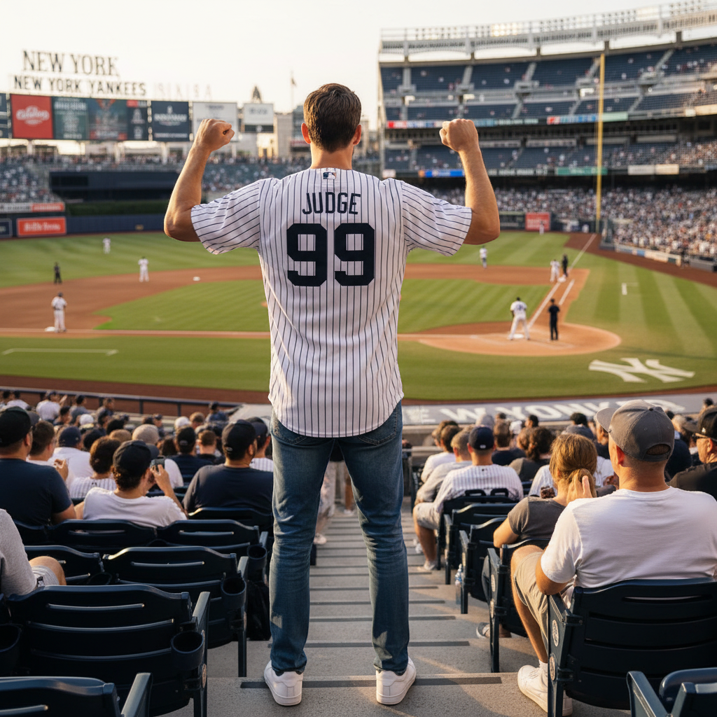 Sports Jersey Direct Aaron Judge #99 New York Yankees baseball jersey in white with navy pinstripes and stitched lettering.
