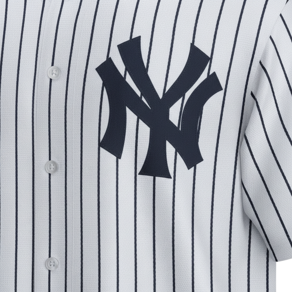 Sports Jersey Direct Aaron Judge #99 New York Yankees baseball jersey. White with navy pinstripes, stitched name and number.