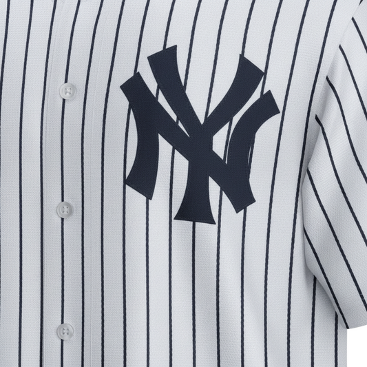 Sports Jersey Direct Aaron Judge #99 New York Yankees baseball jersey. White with navy pinstripes, stitched name and number.
