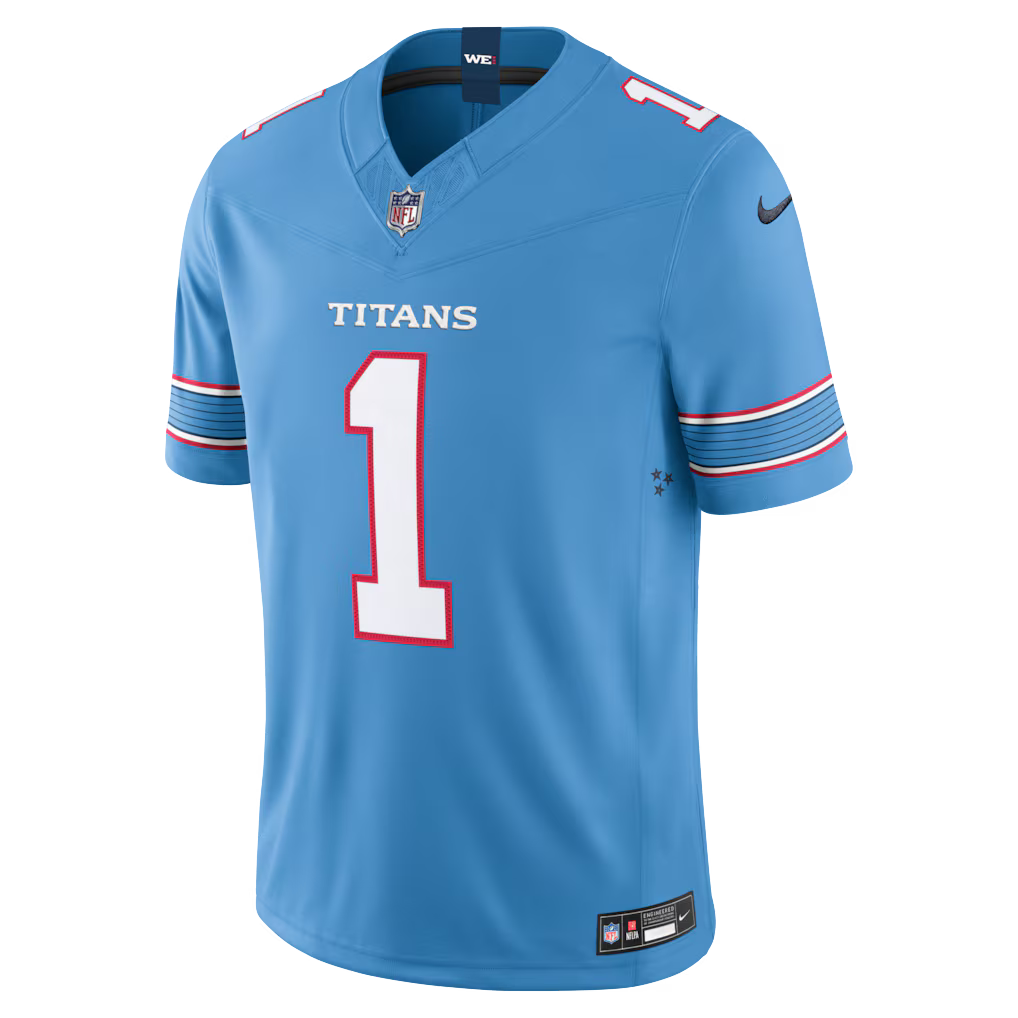 Sports Jersey Direct Cameron Ward Tennessee Titans light blue Nike Vapor F.U.S.E. jersey with sewn-down graphics and navy stars on the sleeve.