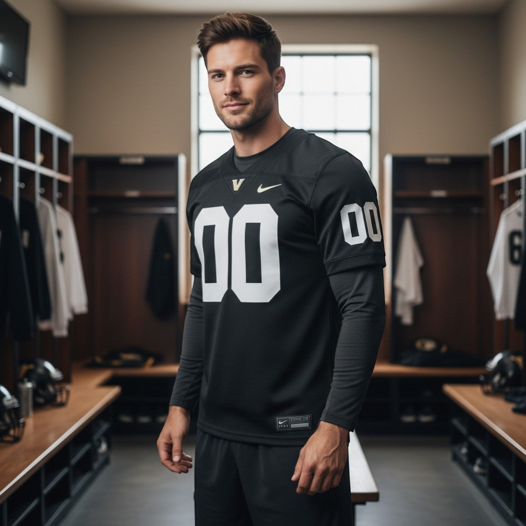 Sports Jersey Direct Vanderbilt Commodores black NIL pick-a-player game jersey with white numbers and 'PLAYER' on back.